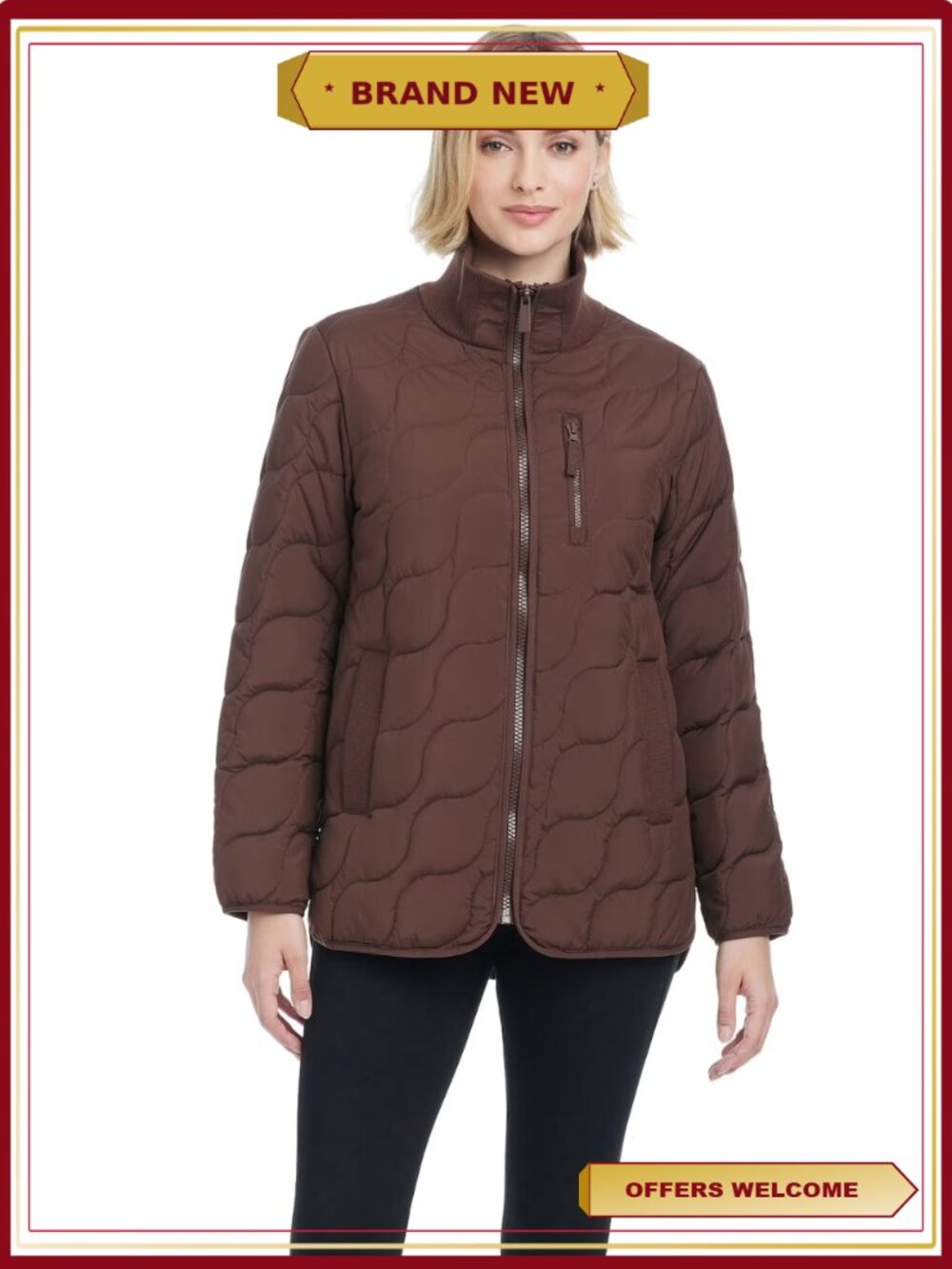Rib Knit Puffer Jacket Medium Full Zip Quilted Outerwear